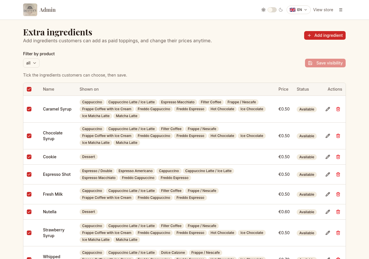 Extras & add-ons screen