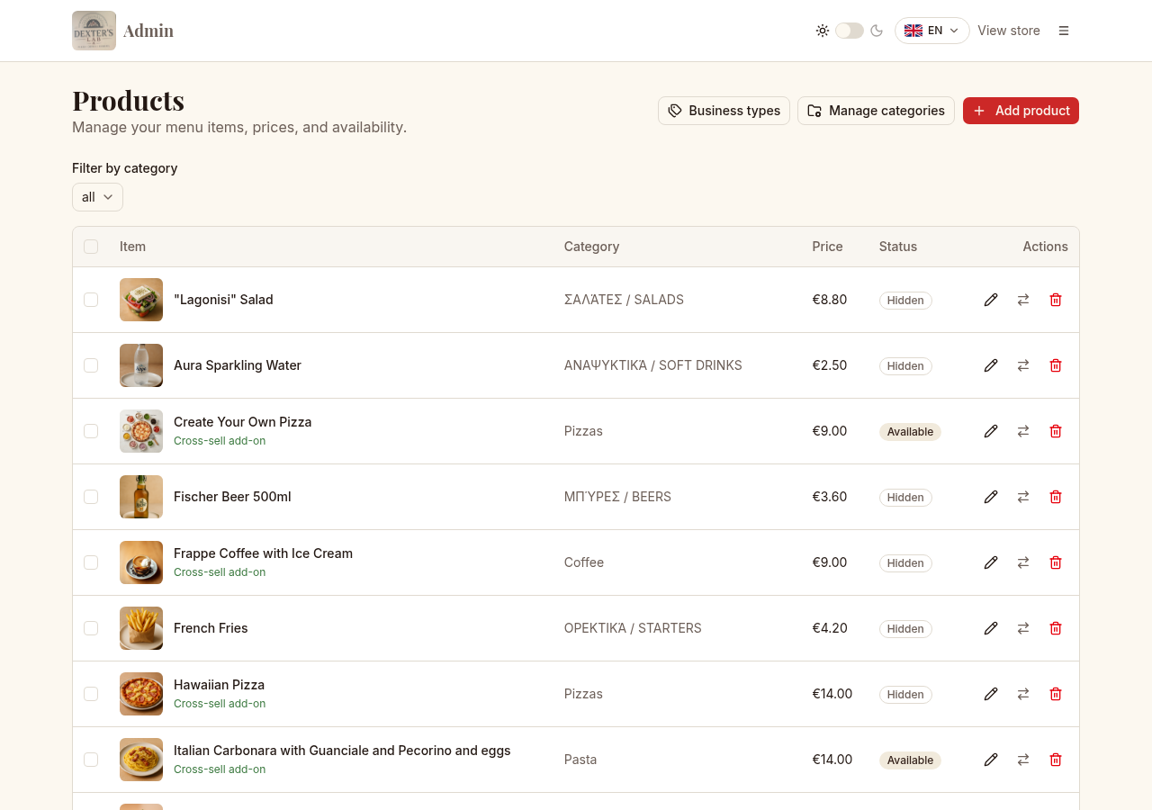 Menu & products screen