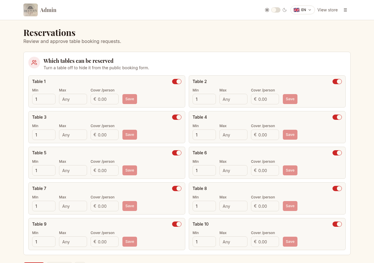Reservations screen