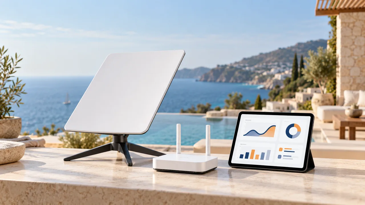 Ενδεικτικό γραφικό δορυφορικής κεραίας, router Wi-Fi και tablet σε ξενοδοχείο.